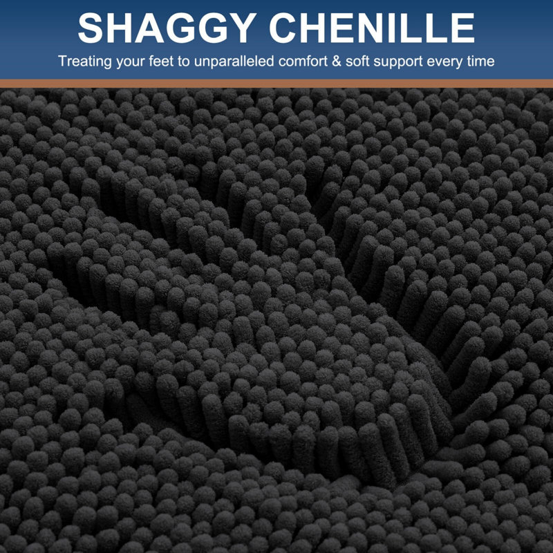 Luxury Chenille Bath Mat, Extra Soft Absorbent Shaggy, Non-Slip Plush, Black, 24X16 Inch, Black