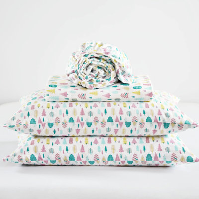 4 Pcs Queen Cotton Flannel Printed Sheet , White Holiday Trees Pattern, , Warm, Machine Washable, Fitted Covers 14" Mattress, And , Includes All Sheets