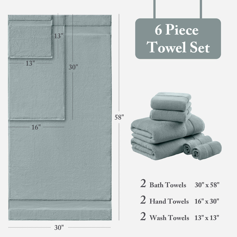 Turkish Blue 100% Cotton Oversized Quick Dry Highly Absorbent 6-Piece Towel Set, Blue, 6 Piece Towel Set