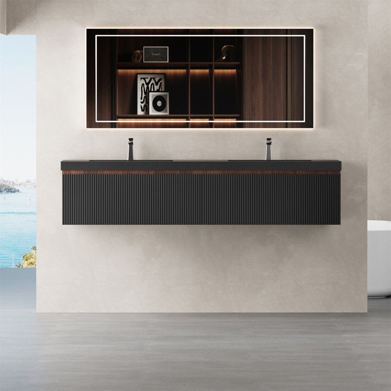 Meuble-lavabo flottant 72 po avec lavabo 72 po, meuble de rangement mural moderne rayé, tiroir à fermeture en douceur, double cuve en quartz