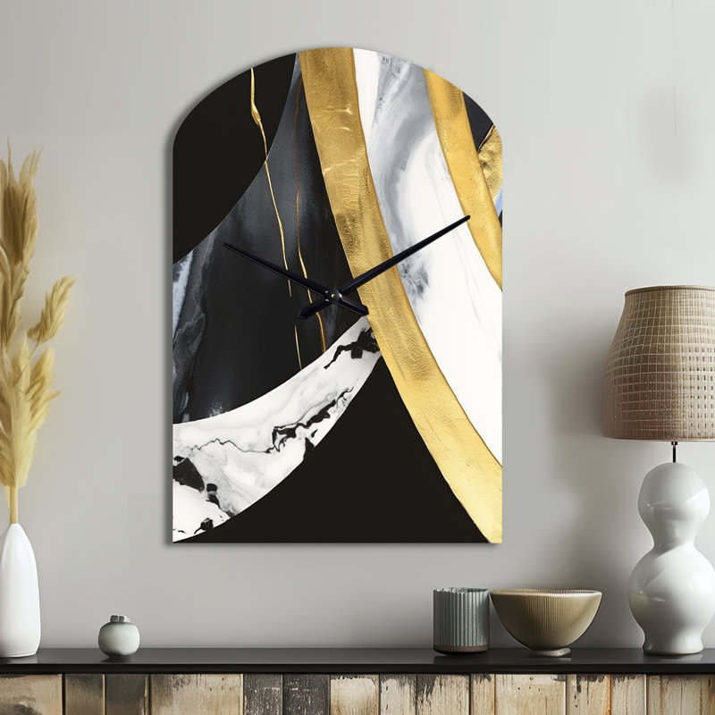 Noir et or Harmony Of Marble IV - Horloge en marbre arquée, horloge murale asymétrique moderne, Grand