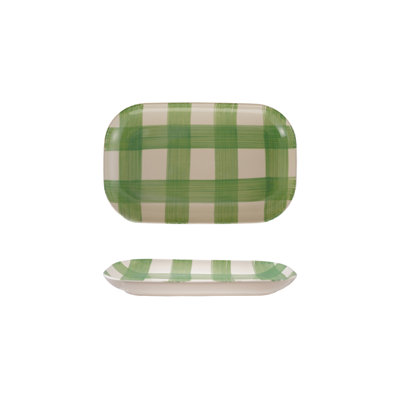 Hand-Painted Stoneware Plaid Platter, Green & White