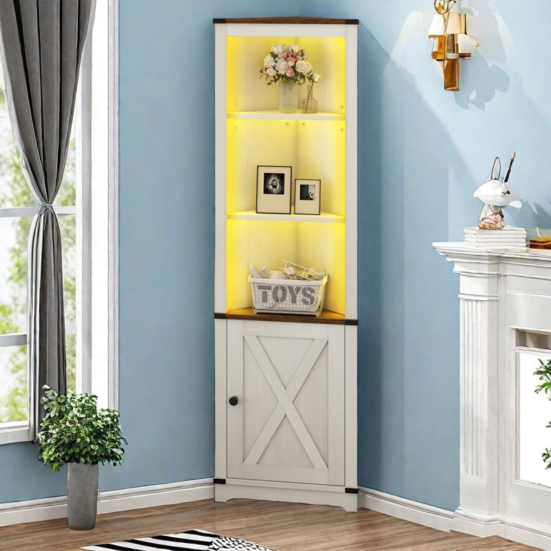 Aspen White Corner Bookcase with Adjustable Shelves and LED Light