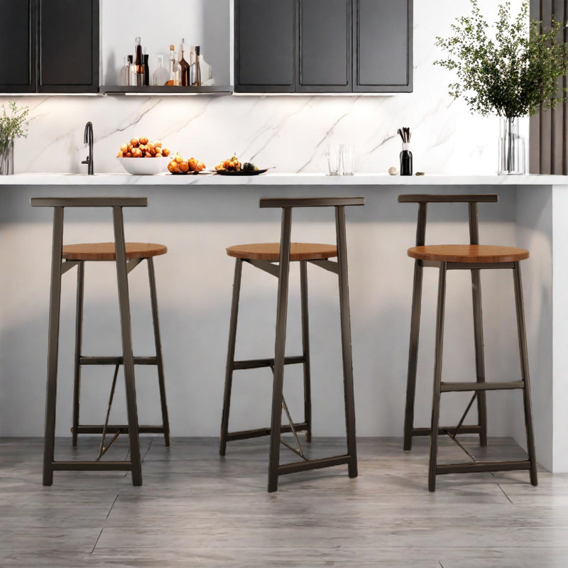 Set Of 3 Bar Stools With Backrest, Footrest And Metal Frame