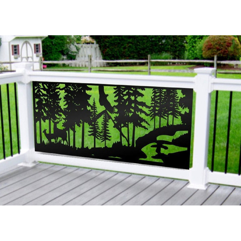 Panneau d'intimité en aluminium découpé au laser avec cerf surplombant la rivière - art mural extérieur en métal thermolaqué, cloison décorative