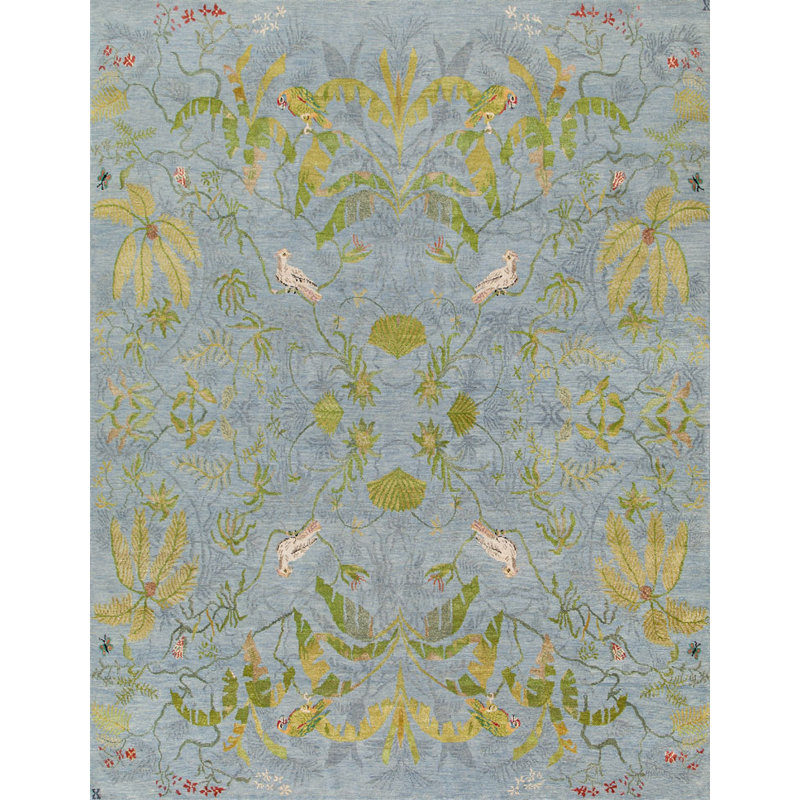 Paradiso Hand Knotted Wool Floral Area Rug in Blue/Gold/Caramel, Rectangle 5' x 7'