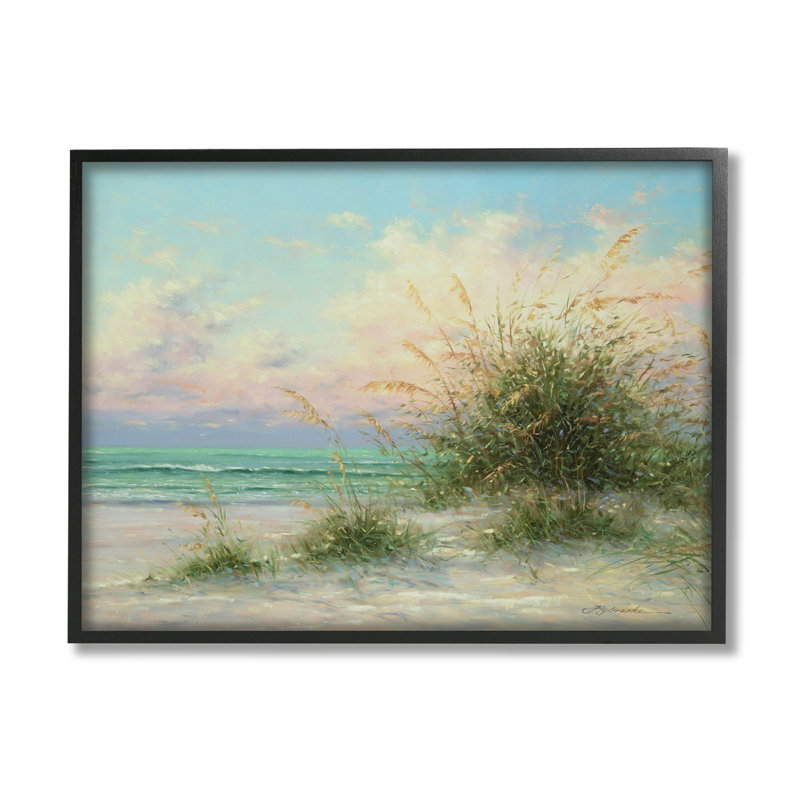 Été, plage, herbe, vagues de la mer, estampe numérique par Martin Figlinski, Giclée encadrée noir minuit