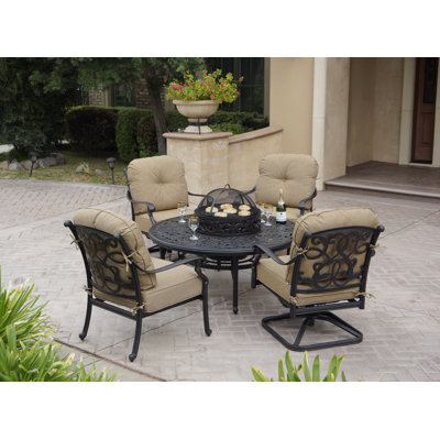 Byrge 5-Piece Patio Conversation Set with Cushions and 52" Round Ice Bucket Tea Table with BBQ & Fire Pit