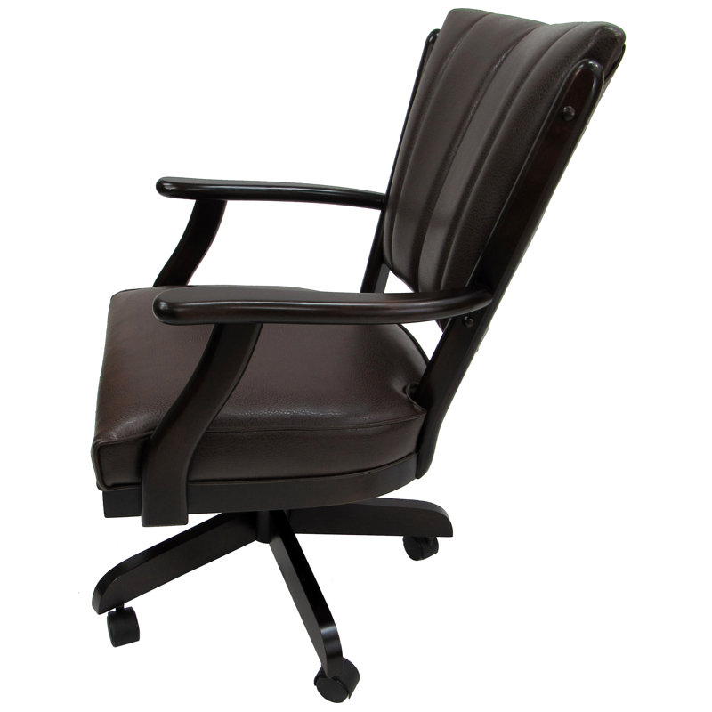 Keshera Swivel Wood Caster Chair with Arms, Brown Vinyl, Dark Cherry Wood