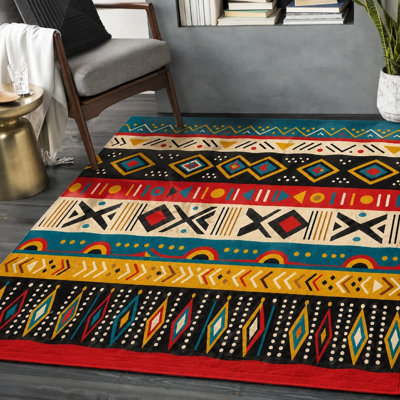 1Pcs Bohemian geometric pattern rug, vibrant colors, tribal ethnic design, large area, durable and washable, non-slip backing, living room, bedroom, home decor for home detor