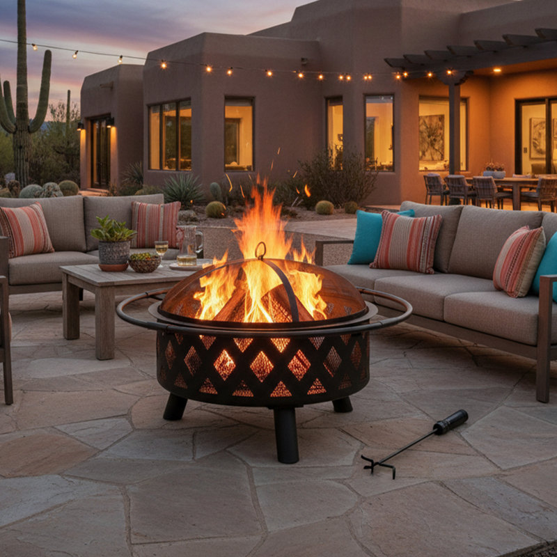 Jahidul Crossweave Round Wood-Burning Steel Outdoor Fire Pit with Screen, 21" H x 30" W x 30" D, Black