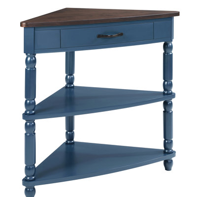 Small Space Saving 33.8'' Triangle 3 Tier Corner Table With Solid Wood Legs, Navy Blue Top, Suitable For Bedrooms And Living Rooms, Waterproof Surface, No Visible Screws , Ideal Bedrooms, Quick