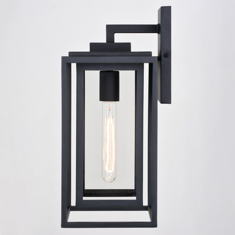 Tesler 16 in. H 1-Light Textured Black Transitional Outdoor Wall Sconce made of Durable Metal, Clear Glass Shade, LED Compatible, Use for Exterior Porch Patio Front Door or Garage
