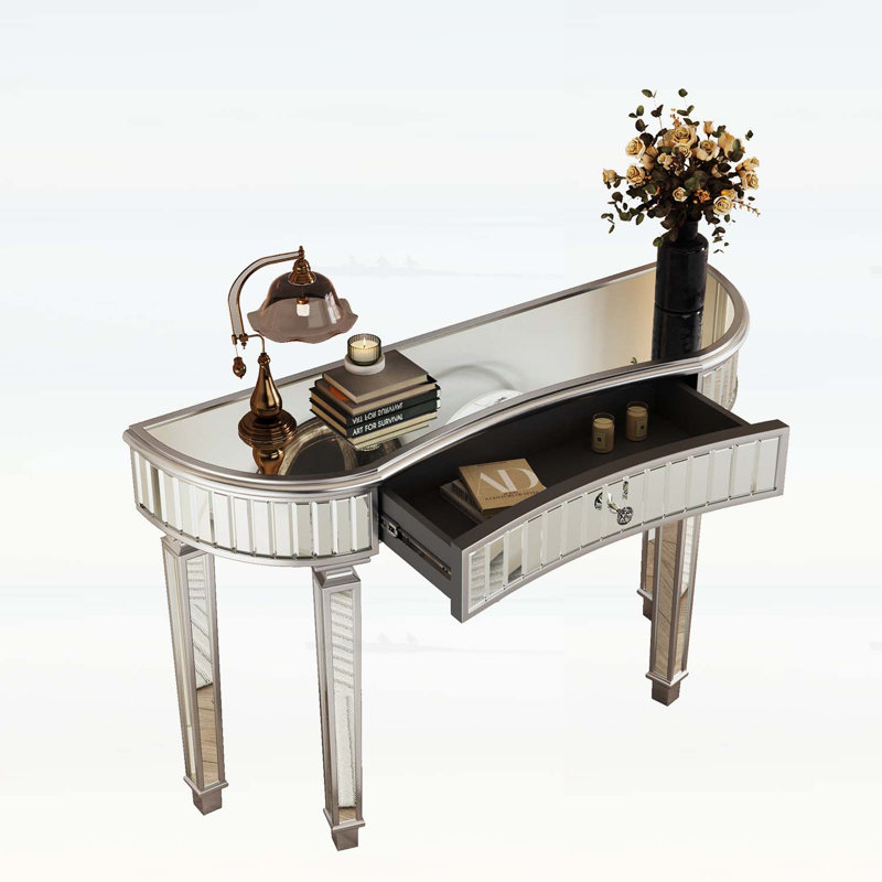 Console à miroir en demi-lune de 47 pouces avec tiroir en verre cannelé et poignée en cristal, parfaite pour les vestibules et les chambres à coucher