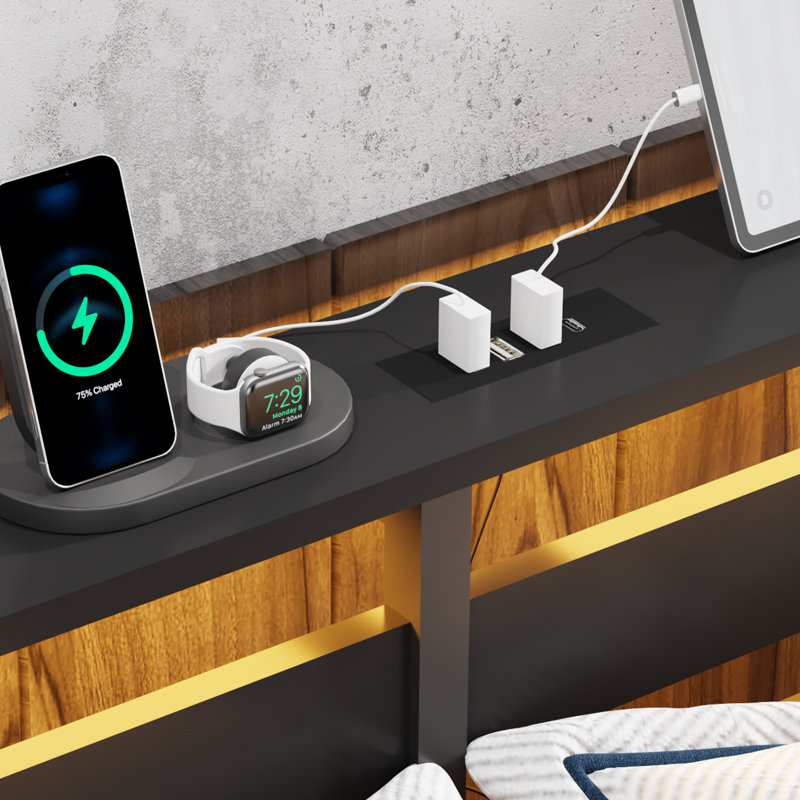 Structure de lit plateforme double avec lumières DEL et ports USB et rangement sous le lit