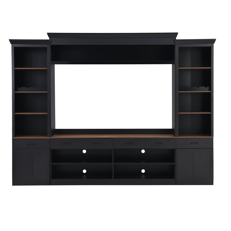 Meuble télé convenant aux téléviseurs de 70 à 79 pouces, style avec poignées rétro noires, deux tablettes réglables et support à vin Mid Century, quatre tiroirs, tablettes, surface imperméable
