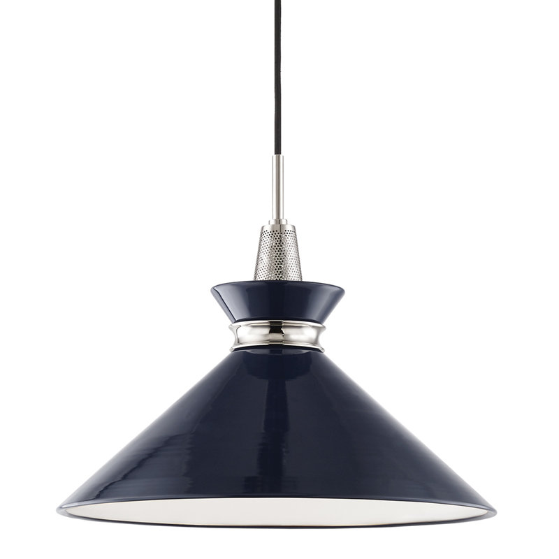 Luminaire suspendu conique à 1 lumière Corby, Nickel poli, Bleu marine, H 15,25 po x l 18 po x P 18 po