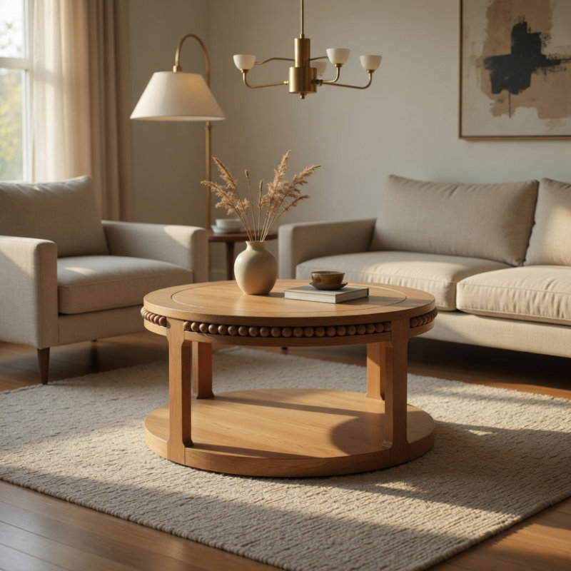 Table basse et canapé de 31,5 pouces en bois massif rond - plateau épaissi à deux niveaux, pieds robustes, table circulaire pour le salon (noyer)