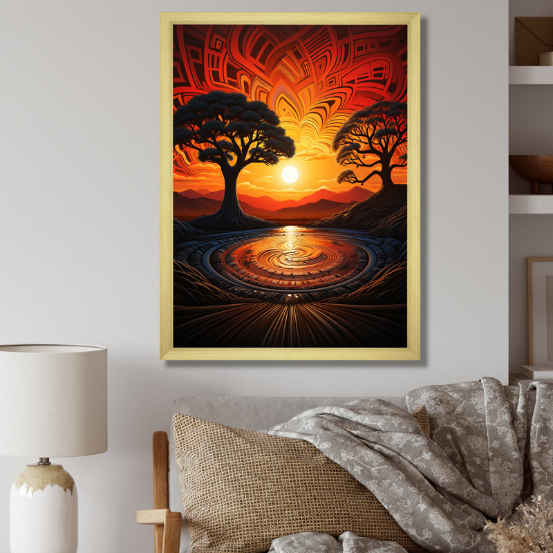 Folklore branches d'Afrique, coucher de soleil - art mural africain, H 32 po x l 24 po x P 1 po, Cadre photo doré simple