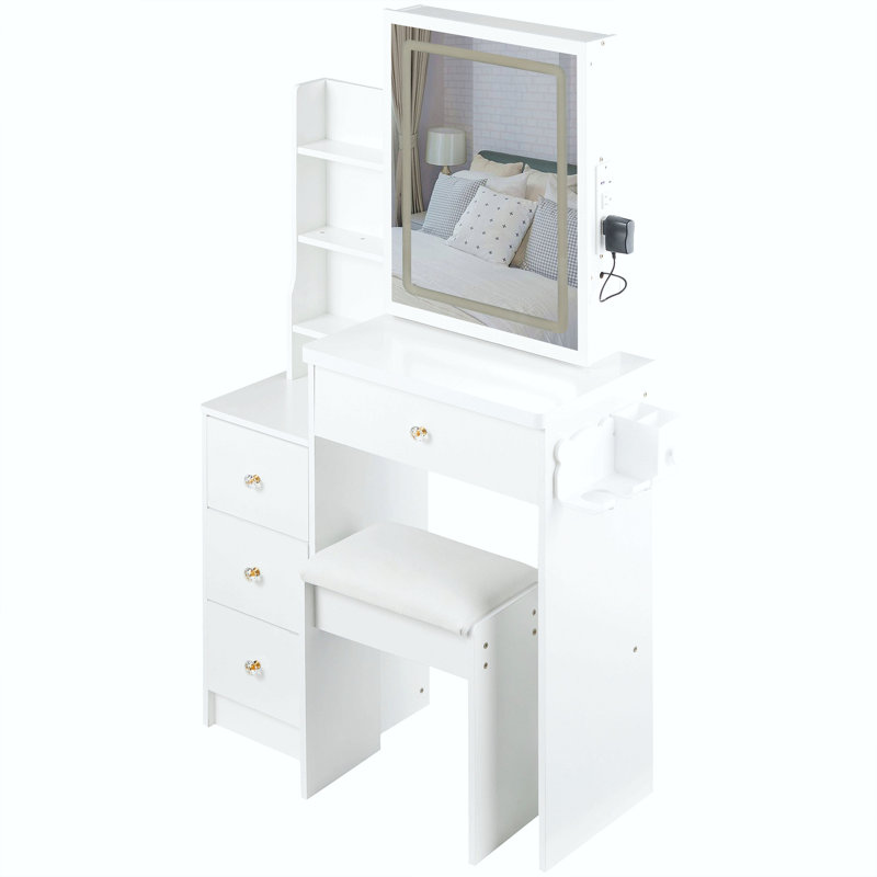 29.2" Small Size Left Bedside Cabinet Vanity Table + Cushioned Stool, 2 Ac+2 Usb Power Station, Hair Dryer Bracket, Extra Large Touch Control Sliding Led Mirror, Tri-Color Switching, Brightness Adjust