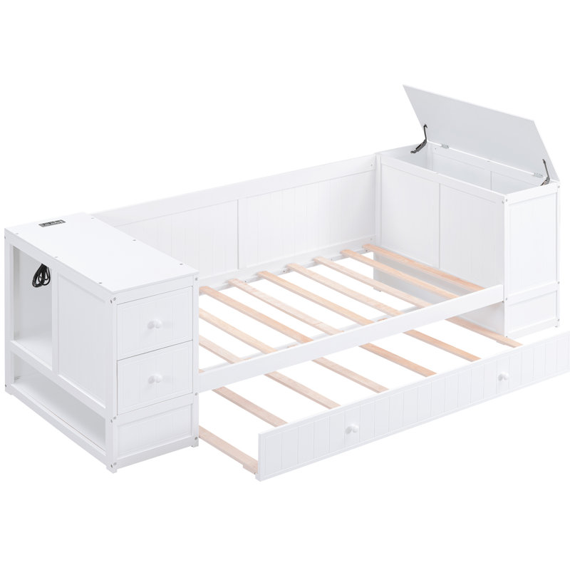 Lit de jour simple solide blanc avec rangement, lit gigogne et fentes de chargement, Blanc
