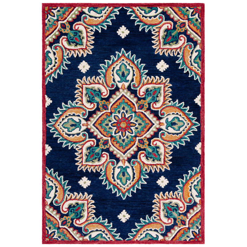 Tapis oriental en laine / coton touffeté à la main Blossom - orange / bleu marine, Rectangle 8 pi x 10 pi