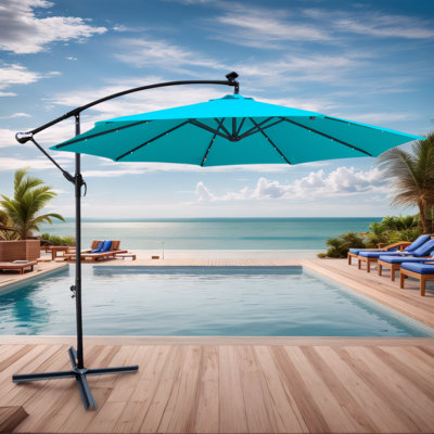 10 ft Waterproof Patio Umbrella with Solar LED Lights for Backyard, Pool, Deck - 8 Ribs Sun Shade, Easy Crank & Sturdy Cross Base