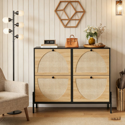 Rattan Shoe Cabinet with 4 Flip-Down Doors