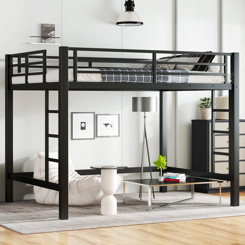 Full Metal Loft Bed with Ladder & Guardrails, Space-Saving Sturdy Black Loft Bed for Kids, Full