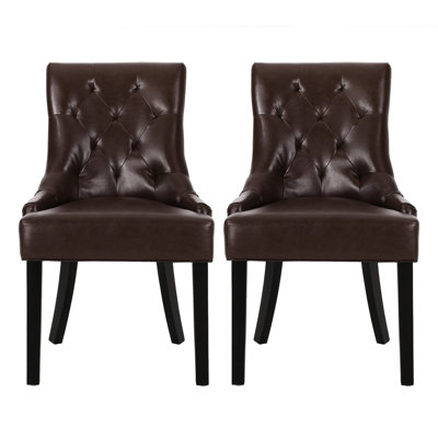 Contemporary Diamond Stitch Dining Chairs Of 2, 21.34” W X 24.84” D 35.8” H, Wood Legs, Dark Brown Pu Upholstered 2 With Design, Stitch, H