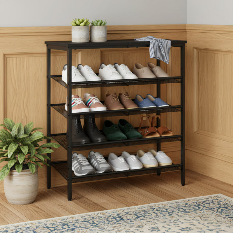 5-Tier Metal Shoe Rack With Adjustable Mesh Shelves; Holds 16-20 Pairs Of Shoes; Industrial Style Floor-Standing Entryway Wardrobe.