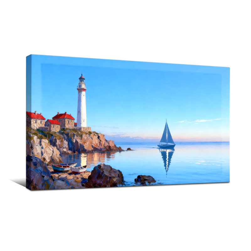 Nautique et plage, phare, côte, voilier, réflexion, eau, roches, maison, H 24 po x l 48 po
