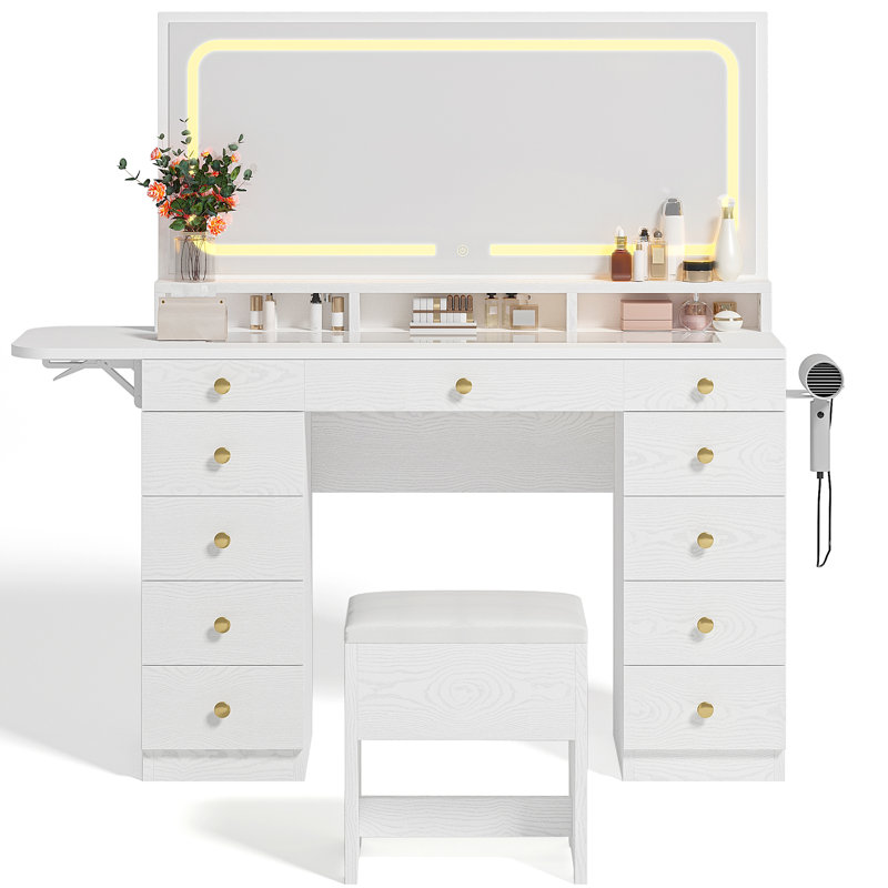 46’’ L Large Modern Style Makeup Vanity Desk With Mirror, LED Lights And Power Outlet, 11-Drawer Vanity Set With Stool, White