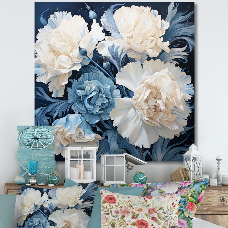Arrangement d'œillets blanc et bleu sur toile, Toile tendue, H 36 po x l 36 po
