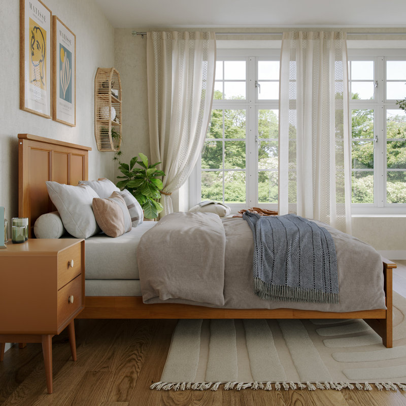 Amear Solid Wood Foundation Bed with Matching Footboard, Full, Light Toffee