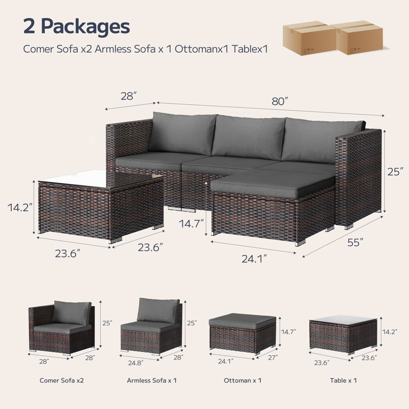 Dossena Wicker 3 - Person Modular Patio Conversation Sets with Cushions, Gray