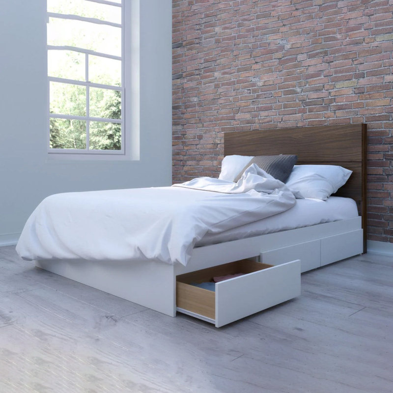 Lit plateforme avec rangement Bourquin, Double, Blanc/noyer