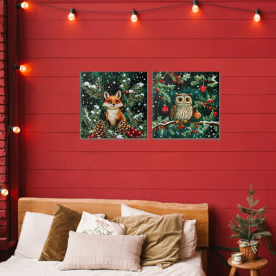 Winter Snowfall Fox & Owl 2pc Canvas Set, design by Yen