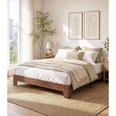 Full Size Bed Frame with Wooden Slats, Wood Platform Bed Frame, Low Profile Bed, No Box Spring Needed, Noise-Free, Easy Assembly, Natural Walnut