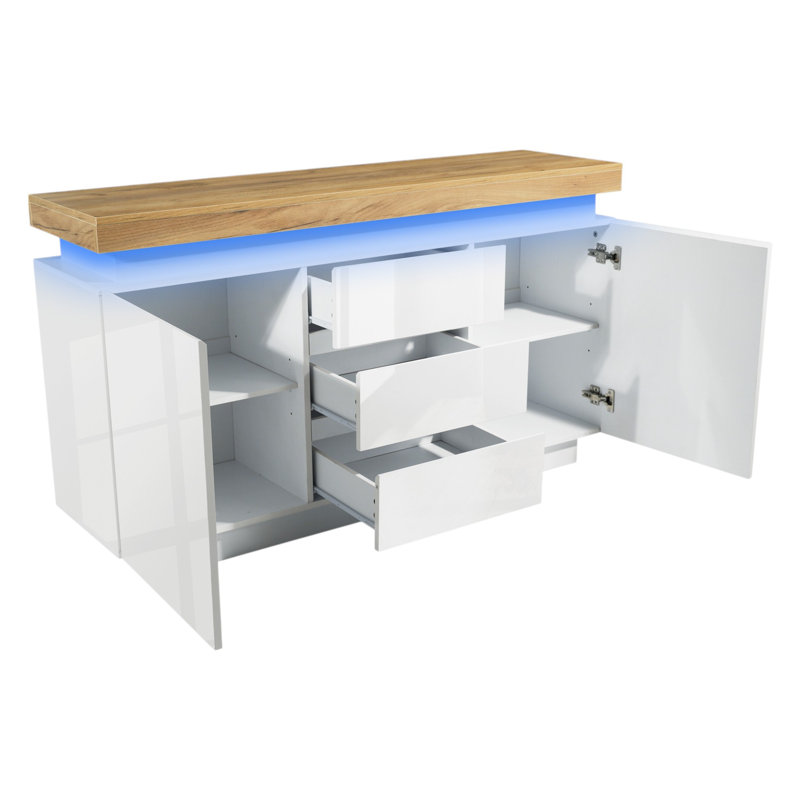 White High-Gloss Sideboard With 2 Doors And 3 Drawers,Storage With RGB LED(App-Controlled) Multi-Purpose Cabinet