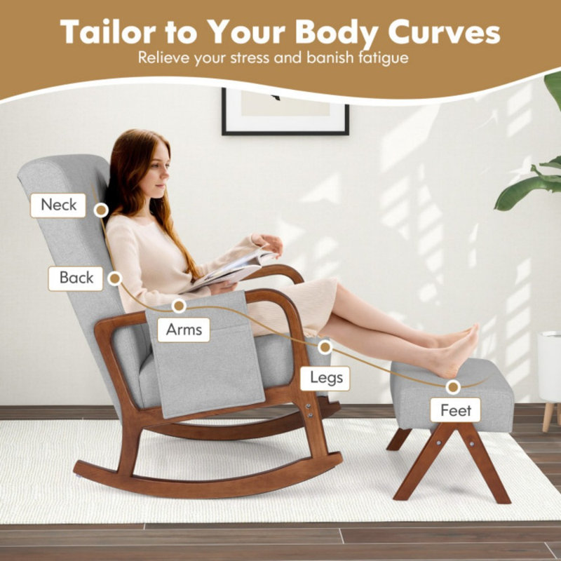 Chaise berçante avec repose-pieds en bois d'hévéa, Gris