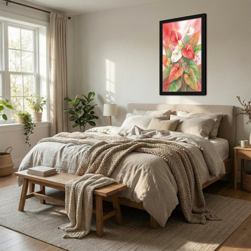 Arrangement floral de plantes et de fleurs avec des anthuriums rouges et blancs, H 12 po x l 18 po