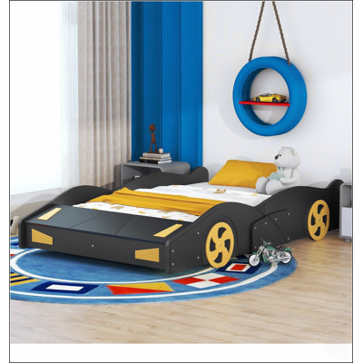 Lit plateforme en forme de voiture de course, taille standard, avec roulettes et rangement, durable et sécuritaire pour les chambres d'enfants