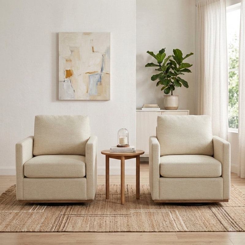 30.5" W Upholstered Comfy Swivel Club Chair, Beige Chenille