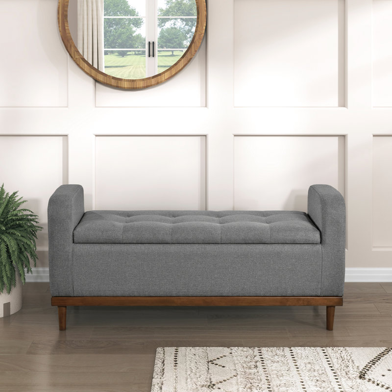 Banc de chambre à dessus relevable, revêtement Mid-Century moderne, tissu texturé gris, rangement de meubles en bois massif