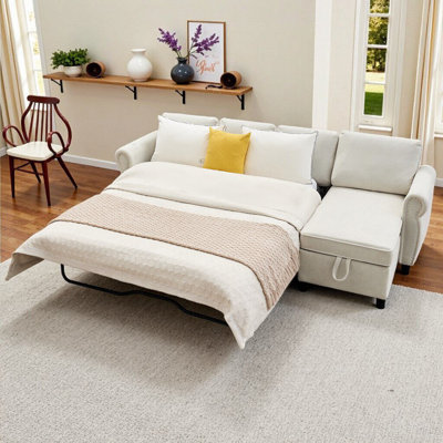 106.5" Pull-Out Sofa Bed L-Shaped Sectional With Charging, Storage & Memory Foam Mattress