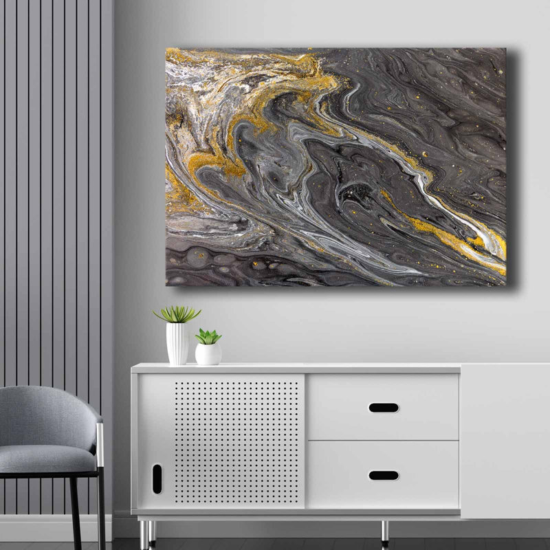 Superbe peinture sur toile décorative, dorée, grise et blanche, 27,6 po x 39,4 po | 100% toile (épaisseur: 0,1 po) et cadre 100% bois de pin (épaisseur: 0,9 po) | Art mural parfait pour la décoration intérieure et l'esthétique moderne