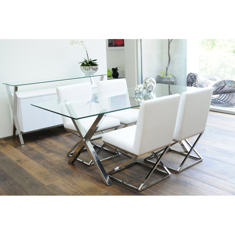 Pangea Home Beverly Modern Glass 79" Dining Table with Silver Steel Metal Base – 6 Person Seat -Contemporary Rectangular Kitchen & Dining Room Table