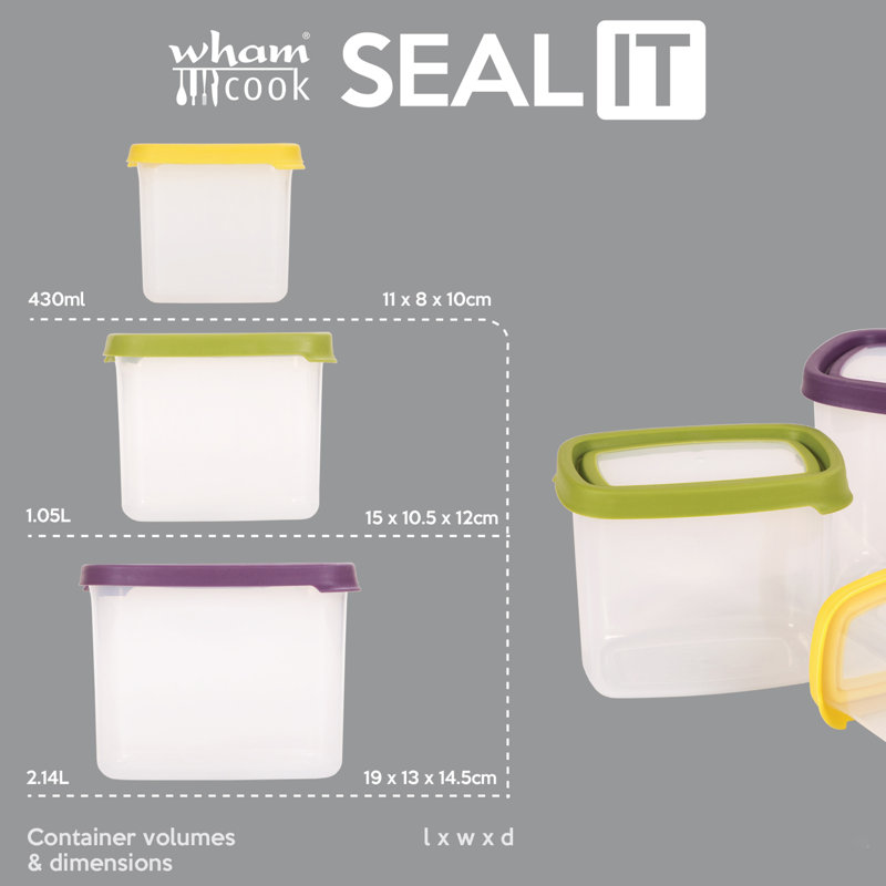 Wham Seal It 3 Piece Rectangular Container Food Storage Set (430ml, 1L 2.1L)