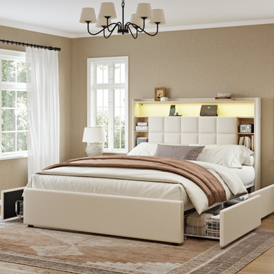 Marckese Upholstered Bookcase Bed with Storage Headboard & 4 Storage Drawers, Platform Bed with Charging Station & LED Light, No Spring Box Needed, Easy Assembly